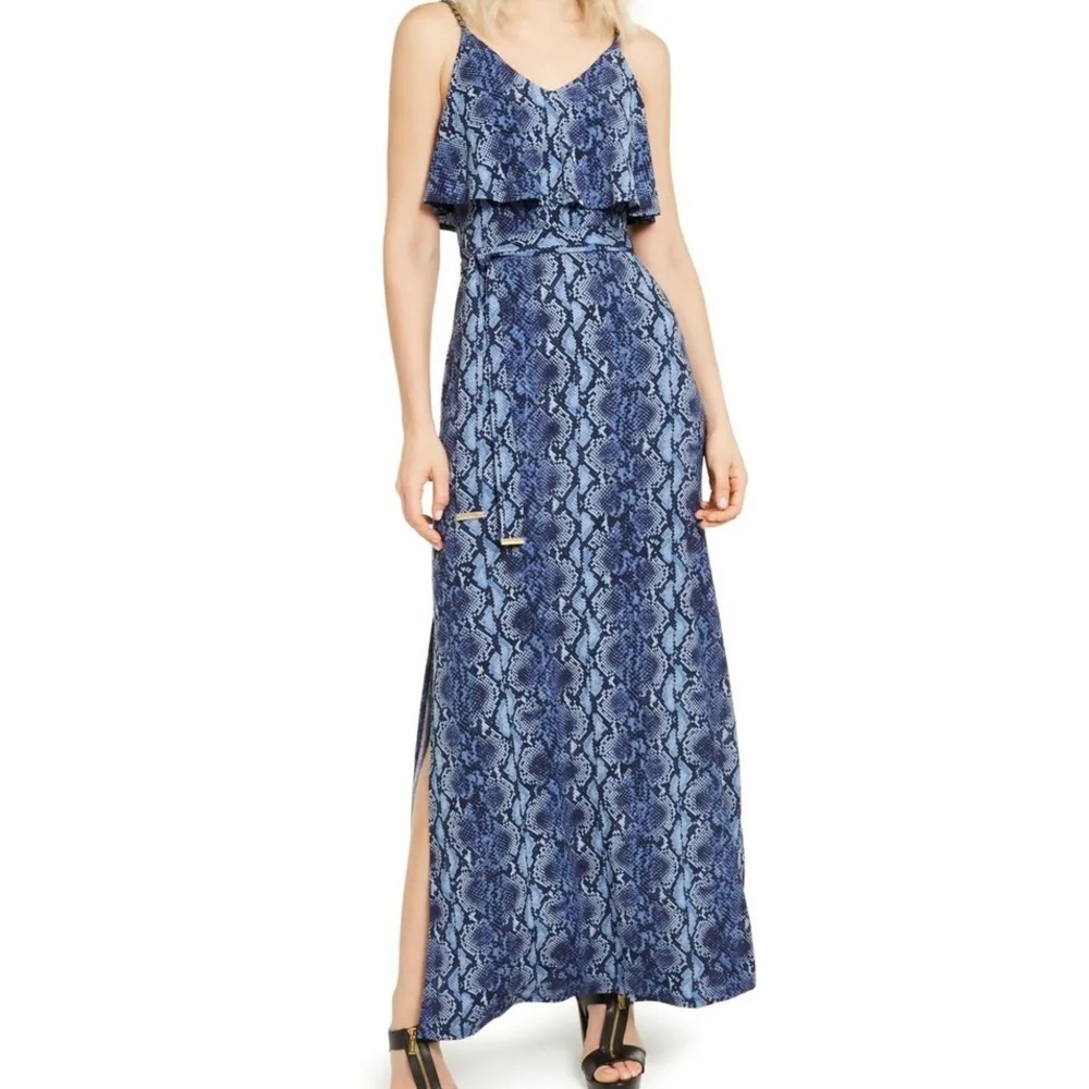 MICHAEL KORS NWOT Blue Snake Matte Jersey Chain Strap Belted Maxi Dress (L)